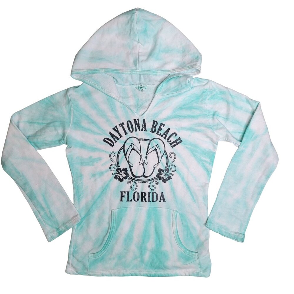 Daytona Beach Florida tie dye hooded sweat shirt blue white girls sz Large 10-12